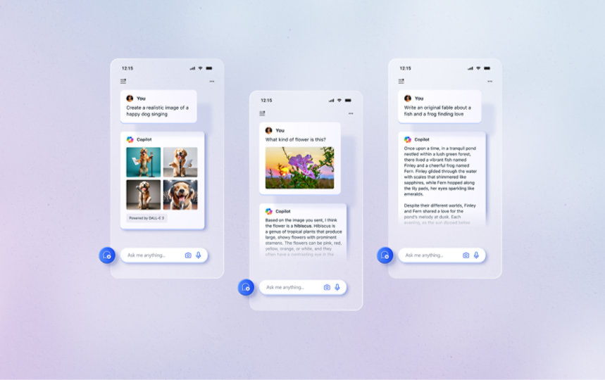 O aplicativo Microsoft Copilot está sendo utilizado para gerar imagens de um cão cantando, auxiliar na identificação de uma flor e ajudar a gerar um email para parabenizar um colega de trabalho por uma promoção.