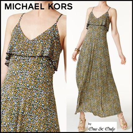 Michael Kors パーティードレス MKマイケルコース イエロー系花柄フリルマキシ夏ドレス 送料込