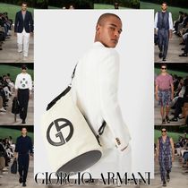 GIORGIO ARMANI キャンバス＆レザー ロゴ バックパック ホワイト