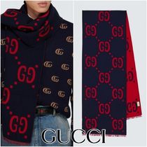 GUCCI*GG ウール＆シルクジャカードマフラー ブルー/レッド