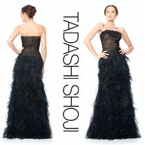 TADASHI SHOJI チューブトップ紺チュール フレアロングドレス