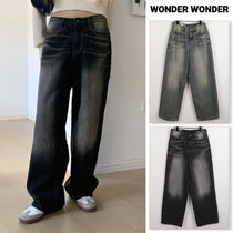 【WONDER WONDER】Coron Cat Brushed Washed Banding Wide Denim