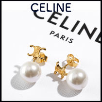 レアモデル NEW CELINE パール付き トリオンフピアス 真鍮▲Gold