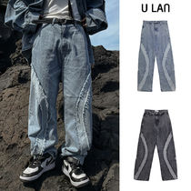 【U LAN】(UNISEX) Line deki color matching denim pants