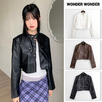 【WONDER WONDER】Bottle Biker Pocket Cropped Leather Jacket