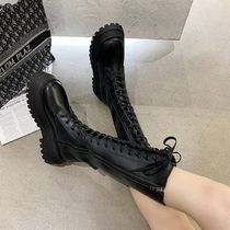 ロングブーツ 編上げ 黒 厚底 フラット ローヒール 22.5~25.5cm