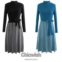 Chicwish◆無地 へリングボーン柄◆リボン ニットワンピ[送料込]