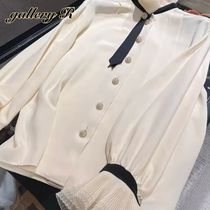 ブラウス トップス シャツ フリル バイカラー リボン 長袖 S/XL