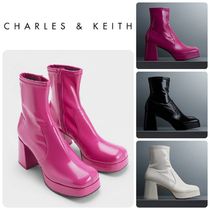 CHARLES&KEITH★Patent Crinkle-Effect Block-Heel Boots/送料込