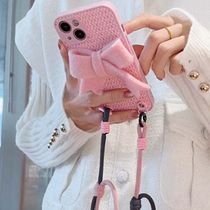 iPhoneかわいいピンクリボンショルダーストラップセットケース