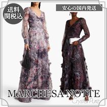 【MARCHESA NOTTE】花柄 アップリケ オーガンザ ロングドレス