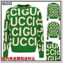 GUCCI ロゴグリーンウールニットクルーネック長袖セーター