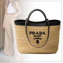 【大注目】PRADA◆ラフィア風×レザー ミディアム トートバッグ