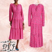 DVF★クレープデシン ミディワンピース ティアード プリント入り