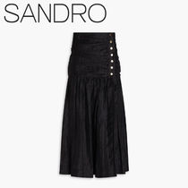 関税送料込 SANDRO リネン混ガーゼ ミディスカート ルーシュ入り