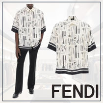 FENDI メンズ ツールモチーフ 柄 半袖 シルク シャツ ホワイト