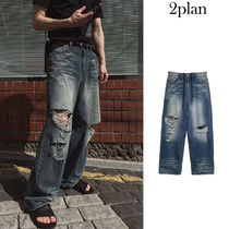 【2plan】Depot damage embossed wide denim