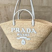 話題 PRADA◆ラフィア風×レザー ラージ バスケットバッグ ロゴ