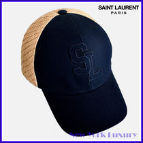 SAINT LAURENT★素敵！SL LOGO Navy COTTON & RAFFIA CAP