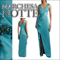 【Marchesa Notte】ロングドレス サテン フリル ビジュー ブルー