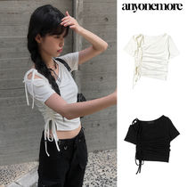 【Anyone more】Chyuleu One-Shoulder Unbalanced Shirring Tee