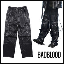 ★BADBLOOD ★ LEATHER CONVEX CARGO PANTS LARGE FIT - BLACK