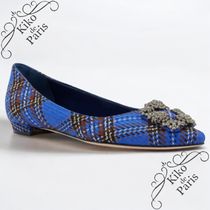 関税送料込 Manolo Blahnik HANGISIFLAT ウールタータンフラット