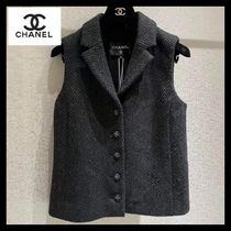 【新作】CHANEL ベスト　ウールツイード　シンプル 襟 黒 グレー