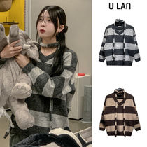 【U LAN】[Muffler set] Amy Stripe V-Neck Knit