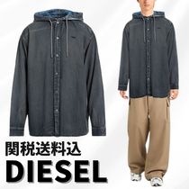 関税送料込【DIESEL】デニムシャツ☆ブルー 刺繍ロゴ フード付き