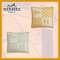 【HERMES】Avalon Hロゴ＆馬柄 チェック メリノウールクッション