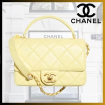 【25P イエロー】CHANEL ミニフラップバッグ トップハンドル付