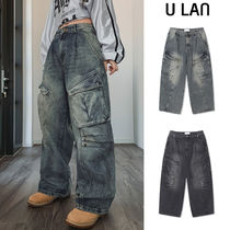 【U LAN】Copper Rivet Pin Tuck Cargo Denim Pants