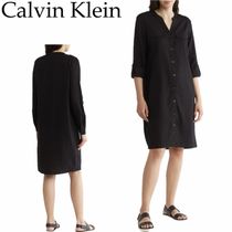 【Calvin Klein】フロントボタン長袖リネンブレンドドレス