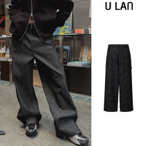 【U LAN】Pinstripe Workpatche Wide Denim Pants