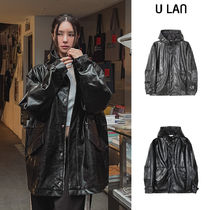 【U LAN】Seri glossy crack leather hoodie field jacket