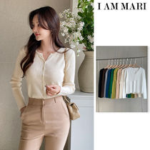 【I AM MARI】Army V Round Ribbed Knit Cardigan