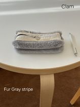 韓国大人気！【Clam】round pencilcase ☆ Fur Gray stripe