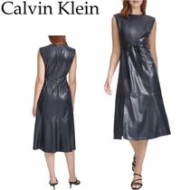 【Calvin Klein】フェイクレザーノースリーブベルトミディドレス