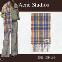 Acne Studios☆ベージュ＆ブルー プレイド フリンジ マフラー