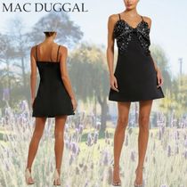 【Mac Duggal】ノースリーブサテンAラインビーズボウミニドレス