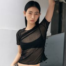 citybreeze Mesh shirring short sleeve t-shirt_BLACK