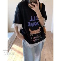 Vネック レイヤーレース Tシャツ 3色 半袖 プリントロゴ cr8368