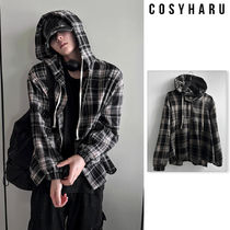 【COSYHARU】Check Dark Color Hood Shirt