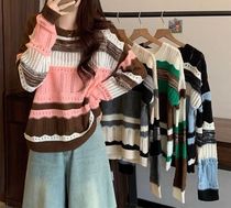 透かし ニット トップス マルチボーダー ルーズ クルーネック
