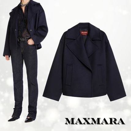 Max Mara Studio コート 【MaxMara】BLU ウールドレープ ウェルトポケット ピーコート