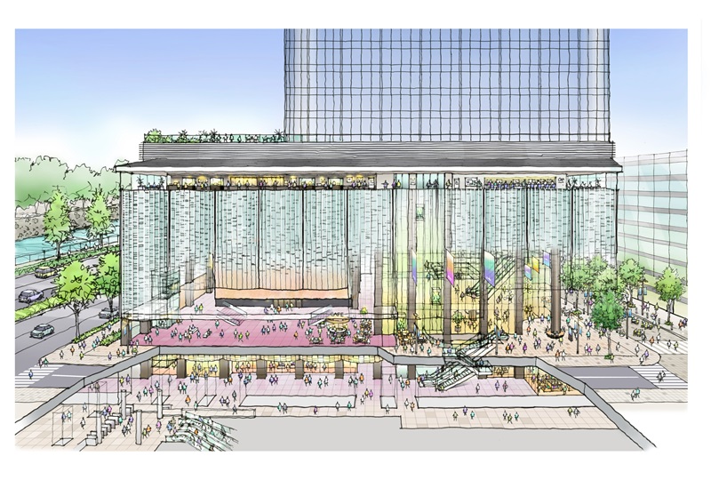 国際ビル・帝劇ビルの建て替えイメージ。低層部の外装デザイン提案に小堀哲夫建築設計事務所を起用（出所：三菱地所、東宝、出光美術館）