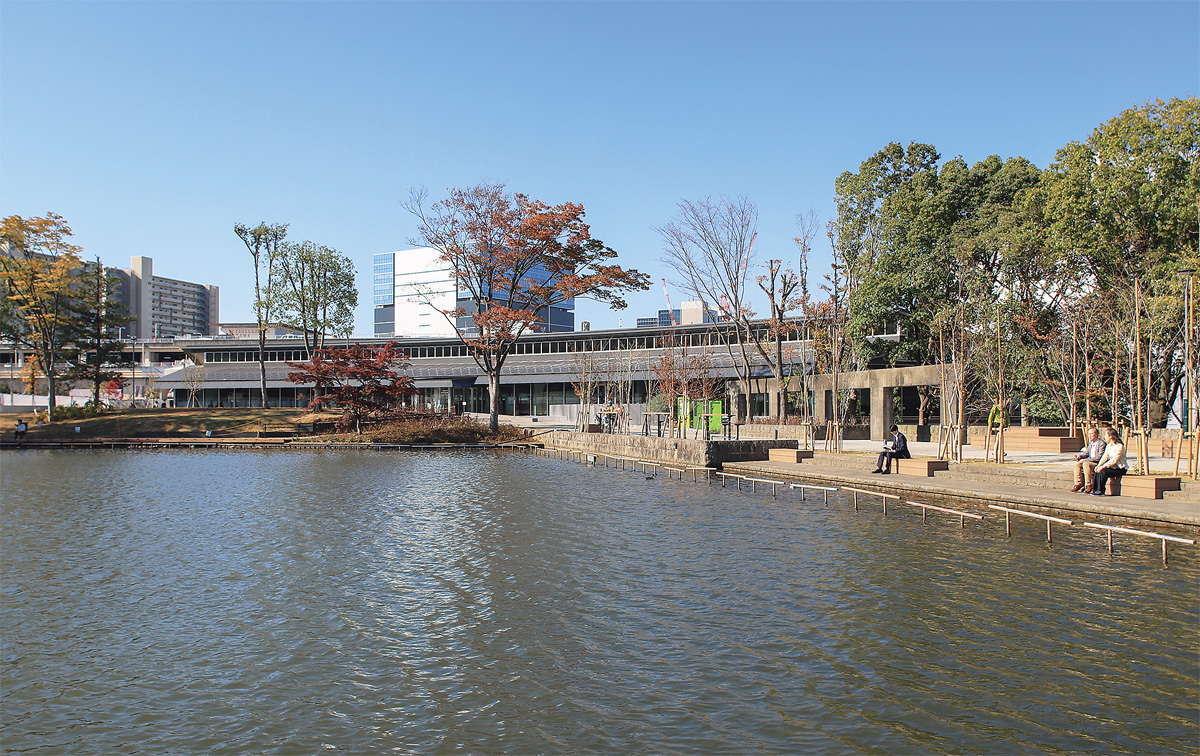 多摩中央公園内の大池越しに見た多摩市立中央図書館（写真：安川 千秋）