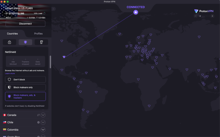 Proton VPN interface with the Netshield setting to block malware, ads, & trackers on.