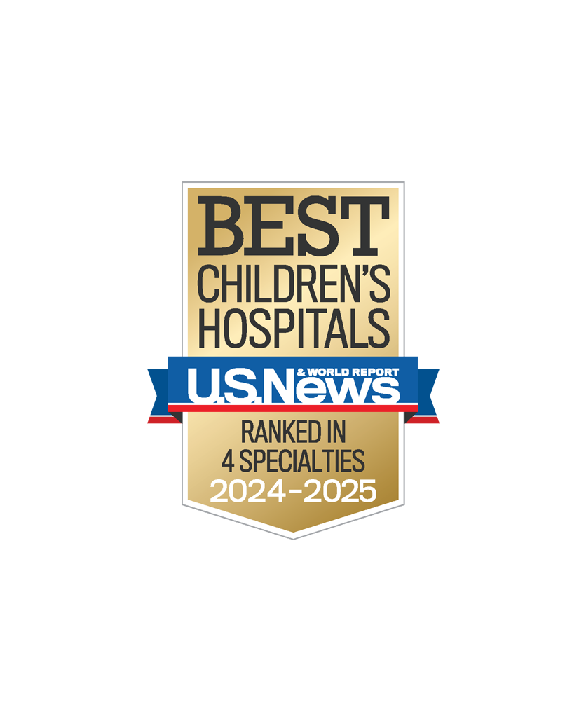 Gold, blue and red colored award badge reading "BEST CHILDREN'S HOSPITALS, U.S. News and World Report, Ranked in 4 specialties"